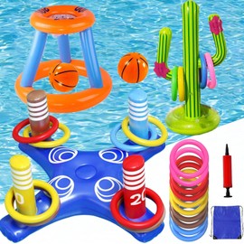 TAGNEFLOR Juguetes de Piscina 16 Piezas, Juego Acuático Inflable 3 en 1 con Lanzamiento de Aros, Baloncesto y Cactus, para Niños, Adolescentes y Fiestas Familiares de Alberca