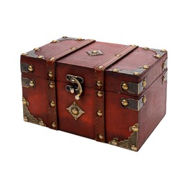 KUMGROT 1 Pcs Antique Wooden Storage Box with Leather Clasp Vintage Small Wooden Storage Chest Trunk with Hinged Lid for Coin Collection Jewelry Keepsakes,7.09" x 4.45" x 4.13"