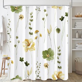 Gibelle Extra Long Shower Curtain 72 x 84, Watercolor Floral Fabric Shower Curtain, Olive Green Beige Flower Decorative Bathroom Shower Curtain Set with Hooks