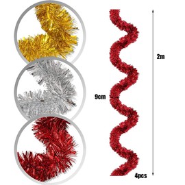 SUNCHE Pack of 4 Christmas Tinsel Garland, Christmas Tinsel Shiny, Christmas Decoration Tinsel, 2 m Shiny Tinsel Garland, Decoration for Christmas Tree, Christmas Party, Birthday Party, Red