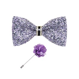 DiBanGu Rhinestone Bow Ties for Men Adjustable Sequin Diamond Pre-tied Bowtie with Ring and Lapel Pin Set for Wedding Party, Lilac