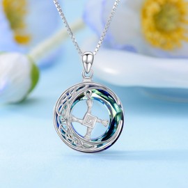 MEIDERBO St Brigid Cross Necklace for Women 925 Sterling Silver Moon Necklace with Simulated Circle Crystal Irish Cross Pendant Jewelry for Christmas Birthday, 20*20mm, Sterling Silver, No Gemstone