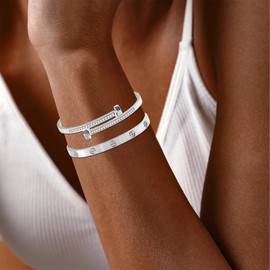 Acnode 2PCS Gold Bracelets for Women Friendship & Love Theme Crystal Bangle Set Stainless Steel Non Tarnish Jewelry, Ideal Birthday Gift. (Silver-C)