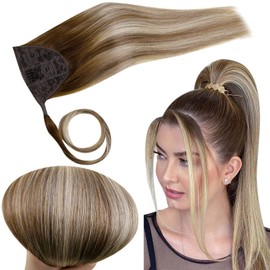 RUNATURE Real Hair Extensions, Balayage Dark Brown to Brown with Blonde Ombre Clip-In Braid Extensions, Ponytail, Real Hair, 45 cm, 80 g, #3/8/22