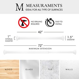 Meriville 1-inch Diameter Metal Spring Tension Rod, Closet Rod, Tension Curtain Rod, Shower Curtain Rod, Adjustable Length 42-inch to 72-inch, Off White