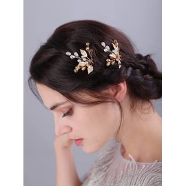 JWICOS Bride Wedding Hair Pins Vintage Leaf Bead Head Piece Wedding Hair Accessories for Women and Girls (Pack of 2) (Gold and Black)