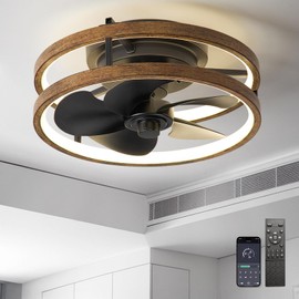Zoruny 13 Inchs Low Profile Ceiling Fans with Lights with Remote Dimmable 36W 3000-6000K LED Fan with Light,Modern Silent Ceiling Fans Flush Mount for Bedroom Living Room (Wooden+Black)