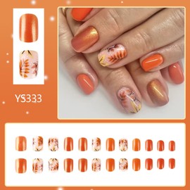 Thanksgiving Press on Nails Short Square Fake Nails Press ons with Maple Leaves Design Stick on Nails Orange Glitter False Nails Full Cover Acrylic Glue on Nail for Women Nails Art Decoration 24Pcs