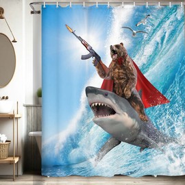 bzwcbei Funny Bear Shower Curtain, Cute Funcy Amusing Bear Riding Shark on Sea Ocean Shower Curtain Set, Blue Nautical Humorous Animal Waterproof Fabric Bathroom Curtain with Hooks, 69x70inches