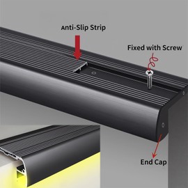 5Pack 1 Meter Anti-Slip Stair LED Aluminum Profile Safety Backlight Step Channel Cover Edge Protector Deck Hard Bar Strip Light, Stair Edge Nosing Trim (Black)