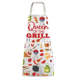 WZMPA Queen Of The Grill Kitchen Apron Queen Griller Gift Queen BBQ Adjustable Apron With Pockets Queen Grilling Merchandise, Queen Grill White