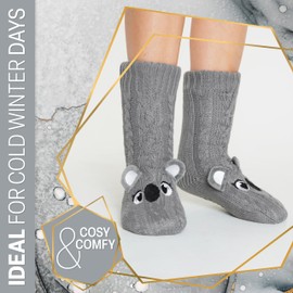 CityComfort Fluffy Socks for Women Teenagers Sherpa Lined Animal Slipper Socks with Non Slip Grip Pads One Size - Gifts for Women (Grey Koala)
