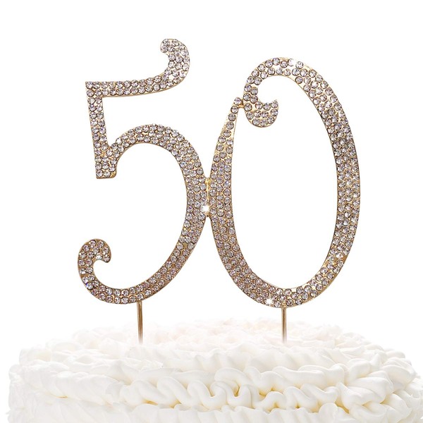 50 adornos para tartas de oro con cristales brillantes para 50 cumpleaños o aniversario, ideales para decoración de fiestas, aleación de metal de alta calidad