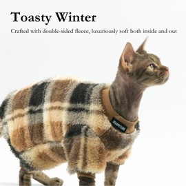 Cat Double-Sided Fleece Clothes, Soft Warm Winter Jumpsuit Sweater Shirt Clothing for Hairless Sphynx, Devon & All Indoor Kittens (Khaki,XXL)