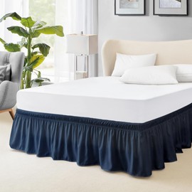 FreshCulture Elastic Wrap Around Bed Skirt - Easy Fit with 22-Inch Tailored Drop, Hotel Quality Dust Ruffle for Full Size Bed (Navy Blue)