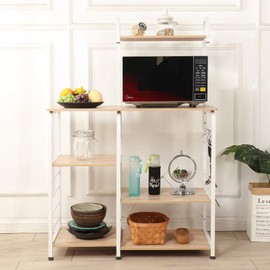 soges Microwave Cart Coffee Station, Kitchen Bakers Rack, Utility Microwave Oven Stand Storage Cart, Workstation Shelf, White Oak 172-MO