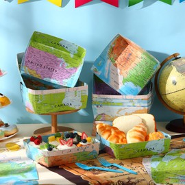 36 Pcs Adventure World Awaits Party Supplies 5 lb Large World Map Boats Paper Food Trays Snack Trays for Adventure Party Travel Trip Party Aboard Retirement Birthday Voyage Party