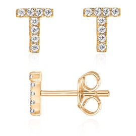 Letter T Initial Stud Earrings for Girls, 14K Gold Plated Sterling Silver Alphabet Letter Earrings, Post CZ Stud Earrings, Hypoallergenic Earrings for Girl Women Teen Girl Gifts (T)