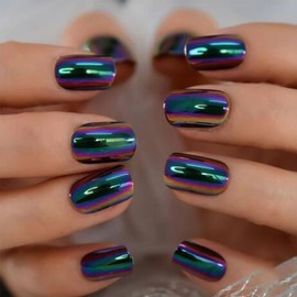 Square Press On Nails Short Fake Nails Aurora False Nails With Chrome Design Shiny Press Ons Mirror Metallic Stick On Nails Reusable Full Cover Glue On Nails For Women Manicure 24pcs