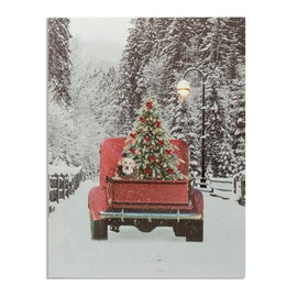 BANBERRY DESIGNS Lighted Red Pick-Up Truck Canvas Print - LED Picture with Winter Scene and Vintage Red Pickup Truck Carrying a Christmas Tree Wall Light Up 15.75" X 11.75"