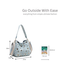 Womens 2 in 1 Shoulder Bag with Inside Bag Canvas Denim Handbag with Wide Strap -LIGHT BLUE