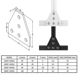 4Set 3030 Corner Bracket 5 Hole T Shape Joint Plates Set for 3030 Aluminum Extrusion AccessoriesSilver(T)