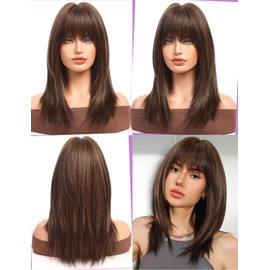 WOKESTAR Long Straight Wigs for Women with Fringe, Layered Synthetic Dark brown with Highlights Color Wigs for Women