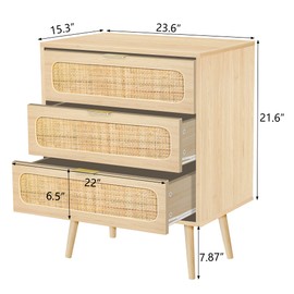 RARZOE Rattan Nightstand Dresser Chest of 3 Drawers, Wood Storage Dresser Cabinet Organizer Unit for Bedroom Living Room Closet Office(Natural)