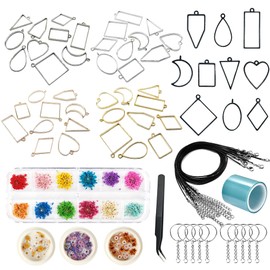 Allazone - Juego de 76 dijes de bisel abierto con flores prensadas que incluye 50 biseles abiertos para resina, flores secas, cuerda de cera negra, pinzas, cinta de resina sin costuras, llavero para