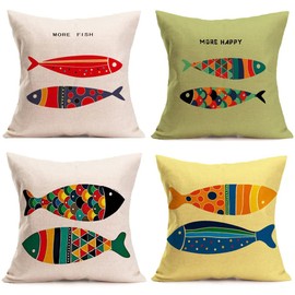 AKIS Home Cushion Cover 45 x 45 cm Set of 4 Fish Cartoon Pattern Nordic Style Cushion Covers Sofa Cushion Children's Cushion Cover for Home Decoration Bedroom