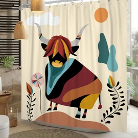 Leowefowa Mid Century Boho Shower Curtains 72x72 Inch Abstract Minimalist Cute Highland Cow Aesthetic Shower Curtain Modern Geometric Beige Polyester Fabric Bathroom Decor Curtains with Hooks