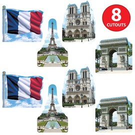 Beistle French Theme Cutouts, 8-Count, Iconic International Paris Party Decorations, Eiffel Tower, France Flag, Arc de Triomphe, Notre Dame Cathedral, 12”- 17.5”