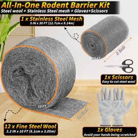 Steel Wool Mouse Hole Filler, 12 Pack 3.2" x120 FT #1 Steel Wool & 5" x30 FT Stainless Steel mesh, Gap Filler DIY Kit for House Garden Pipeline, Polishing Chrome, Glass, Includes Gloves & Scissors