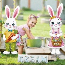 BoGlowHaven 2pcs Easter Yard Signs with Stakes, Cute Bunny Easter Outdoor Decorations, Metal H-Frame Waterproof Garden Lawn Signs for Spring Party Home Festival Decoration, Happy Easter Welcome Decor