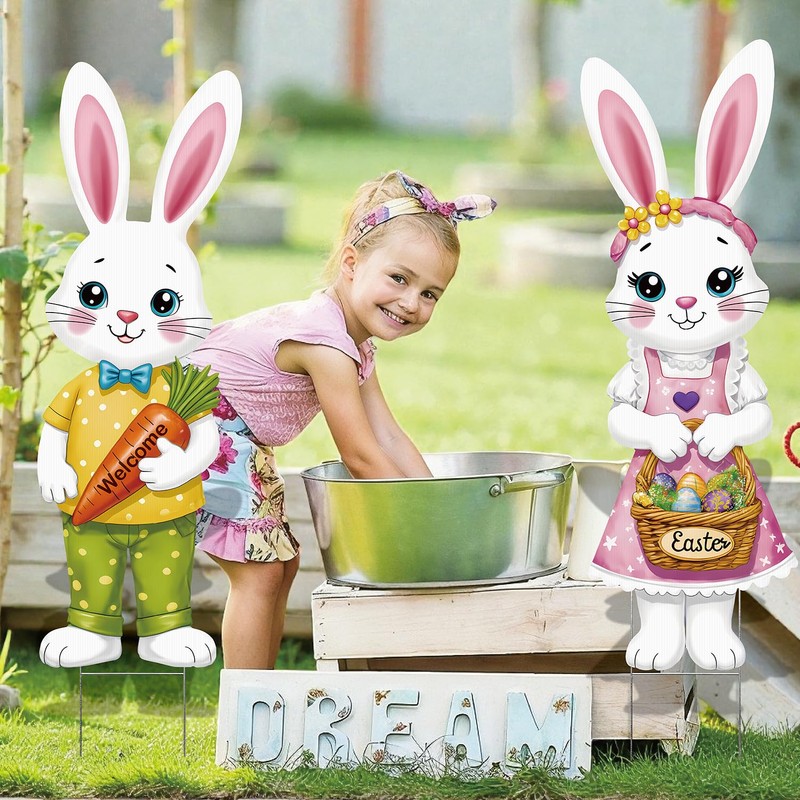 BoGlowHaven 2pcs Easter Yard Signs with Stakes, Cute Bunny Easter