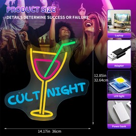 Cult Night LED Neon Sign - 14.17x12.85 Inches, USB Powered, Dimmable with Remote Control, Perfect for Home Decor, Gaming Room, and Party Lighting