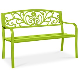 Best Choice Products Outdoor Bench Steel Garden Patio Porch Furniture for Lawn, Park, Deck w/Floral Design Backrest, Slatted Seat - Lime Green