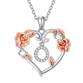 AOBOCO Rose Heart Necklaces Gifts for Women, 925 Sterling Silver Rose Love Heart Initial Letter Pendant Necklace Jewelry Mothers Day Valentines Christmas Birthday Gifts for Her Mom Wife Girlfriend-O