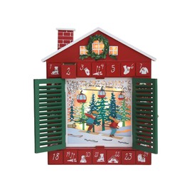 PIONEER-EFFORT Wooden Christmas Advent Calendar with LED Lights – 24 Countdown Drawers and Ski-Themed, Light-Up Chalet Design, Battery Operated, 15.1"x2.4"x18.3"