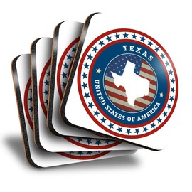 Destination Vinyl ltd Great Coasters (Set of 4) Square - United States America Texas Flag Map Drink Glossy Coasters/Tabletop Protection for Any Table Type #5496