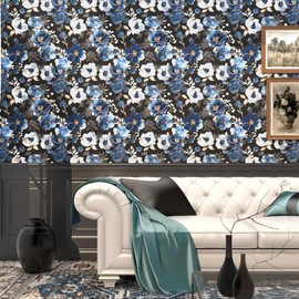 Fvlow Navy Wallpaper Blue Floral Peel and Stick Wallpaper 17.4" x 394" Flower Contact Paper Watercolor Self Adhesive Covering for Bedroom Cabinet Bathroom Home Decor