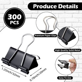 Yexiya 300 Pcs Medium Binder Clips Paper Med Clips Office Supplies Paper Clamps for Teachers Students School Office Business Paperwork Supplies (Black, 1.25 Inch)