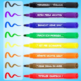 MACH MAL PAUSE - 8 x Whiteboard Marker Pens for School and Office - Funny Whiteboard Marker with Bullet Tip - Accessory Set for Whiteboards & Flipchart - Colours 100% Wipe Clean Without Residue