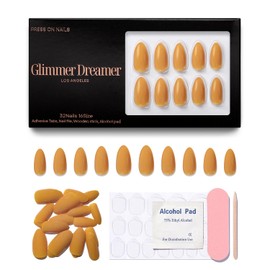 Press On Nails 32 Yellow – Medium Almond I Thick Gel Coating Reusable Press on Nails - Warm Amber I One Color Tip for Adult I Nails with Adhesive Tabs, Clean Pad, Nail File & Wood Stick