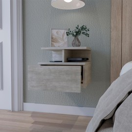 TREATLIFE HOME Concrete Gray 2-Tier Shelf Floating Nightstand with Spacious Drawer for Bedroom Storage