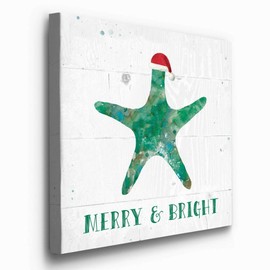Renditions Gallery Starfish with Santa Hat Wall Art, Blue Green Winter Artwork, Ocean & Beach Themed Christmas, Premium Gallery Wrapped Canvas Decor, Ready to Hang, 10 in H x 10 in W, Made in America