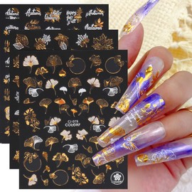 8 Sheets Fall Nail Stickers Maple Leaf Butterflies Nail Decal Self -Adhesive 3D Glitter Gold White Nail Art Stickers for Women Thanksgiving Holiday Nail Art Decoration Supplies