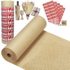 Honeycomb Packing Paper Wrap 15''x430', Substitute Alternative for Bubble Cushioning Wrap for Moving Shipping Packaging, Recyclable Moving Supplies with 60 Fragile Sticker Labels