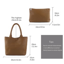 Hand Woven Bag Tote Bag For Women Top Handle Shoulder Bag Vegan Leather Large Travel Beach Bag Hobo Bag Handbag With Small Purse Brown