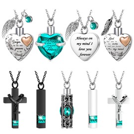 9 Pcs Heart Cross Cubic Urn Necklace for Ashes Keepsake Cremation Jewelry Stainless Steel Necklace Crystal Memorial Pendant Heart Locket Ashes Jewelry for Women Men Loved Ones, 9 Styles(Light Green)